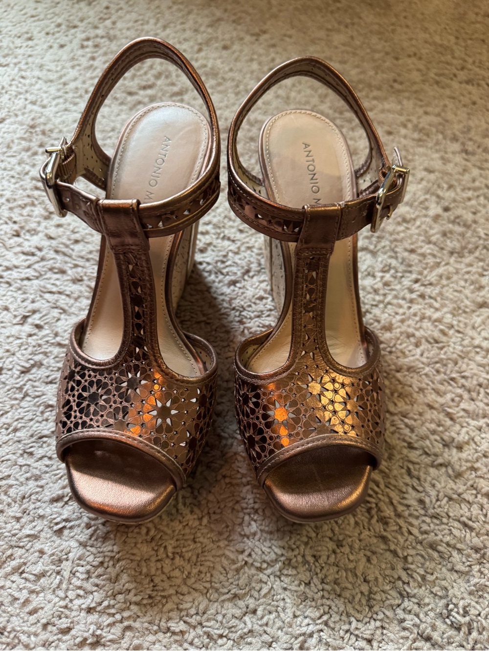 ANTONIO MELANI Metallic Copper Cutout T-Strap Heels